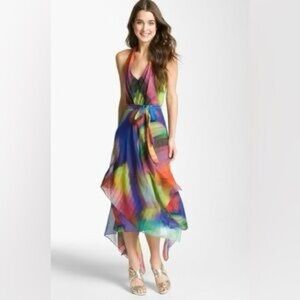 Suzi Chin for Maggy Boutique flowy rainbow halter shark hem dress- Size 4